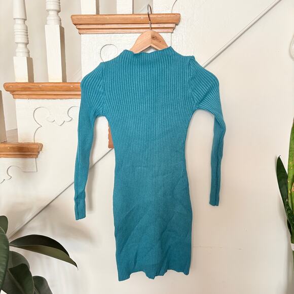 NWT Teal Ribbed Knit Bodycon Mini Dress Cutout Front Detail Women's Small - Picture 5 of 5